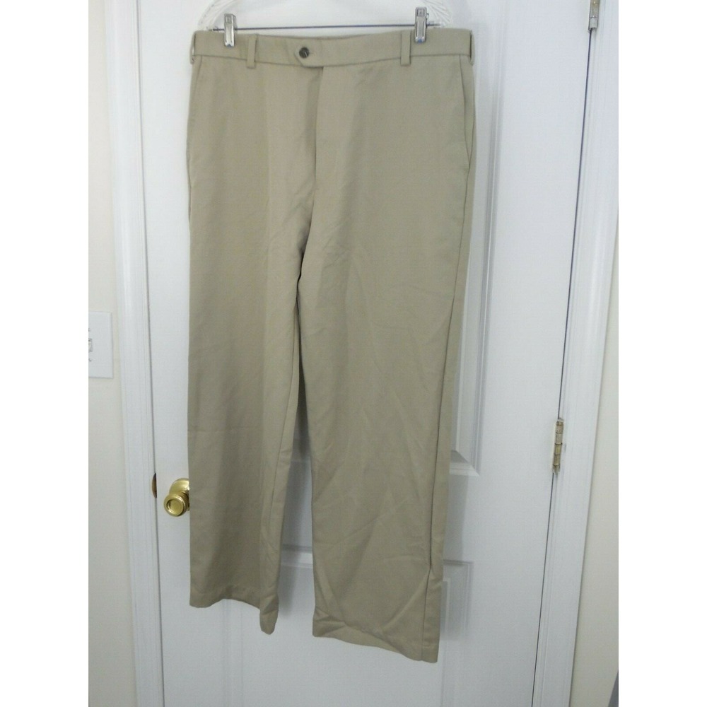 IZOD Golf Mens Slacks Pants Biege Flat Front Straight Leg 100% Polyester 36 x 32